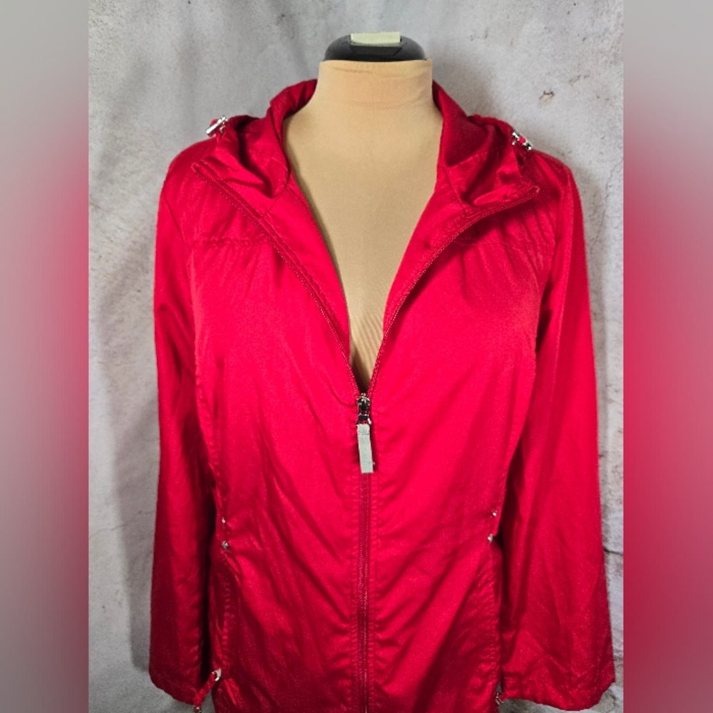 Jones New York XL Red Windbreaker Raincoat Utility Jacket Lightweight Hooded EUC - Picture 2 of 8